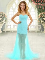 Sleeveless Tulle Brush Train Zipper Prom Gown in Aqua Blue with Beading