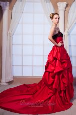 Red A-line Strapless Pick-ups Taffeta Wedding Dress