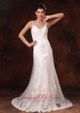 Straps V-neck Lace Wedding Dress Trumpet Brush Train