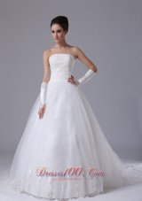 Strapless White Chapel Train Tulle Wedding Gown Custom Made