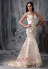 Gorgeous Mermaid V-neck Satin Lace Bridal Dresses