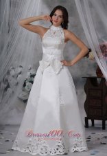 Attractive High-neck Sash Bow Satin Wedding Dress