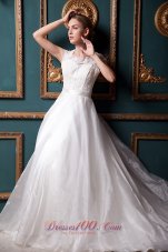 Square Chapel Train Organza Lace Wedding Dress