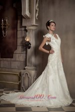 V-neck Princess Chapel Train Taffeta Appliques Wedding Gown