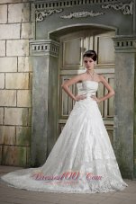 Customize Strapless Chapel Train Lace Bridal Gown A-line