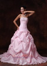 Pink Strapless Taffeta Pick-ups Chapel Train Wedding Gown A-line