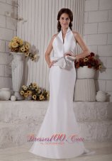 Mermaid Halter Top Satin Brush Train Bridal Gown With Bow