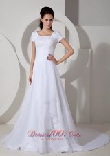 Short Sleeves Square A-line Wedding Gown Beading Ruch Court Train