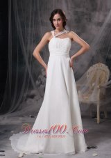 Asymmetrical Straps Chiffon Ruch Wedding Gown With Court Train