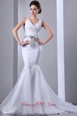 Satin and Organza Mermaid Wedding Gown Court Train V-neck Bow
