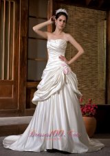 Chapel Train Strapless Wedding Gown Ruch Hand Made Flowers Satin