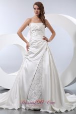 A-line Strapless Ruched Bridal Wedding Gown Chapel Train Satin