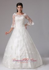 V-neck 3/4 Sleeves A-line Lace Decorated Wedding Dress In Tulle