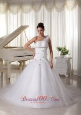 Appliques and Beading One Shoulder Wedding Gown Watteau Train