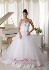 Strapless Satin and Tulle Beaded Sweep Train Bridal Gown