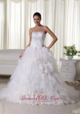Chapel Train Strapless Embroidery Wedding Dress Satin and Organza
