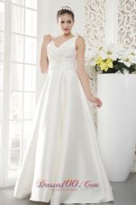 V-neck Bridal Gown Princess Floor-length Beading Satin