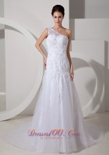 Lovely One Shoulder Lace Tulle Outdoor Wedding Dress