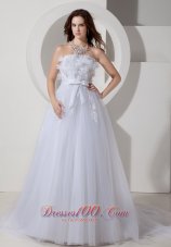 Tulle Chapel Train Embroidery Sashed Wedding Dress