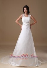 Square Lace Court Train Beaded Wedding Dress
