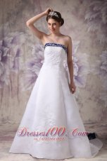 Satin Embroidery Chapel Train Wedding Dress With Color