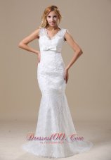 V Neck Mermaid Bowknot Brush Lace Wedding Dress