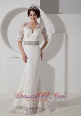 Lace V Neck Brush Wedding Dress Colored Sash