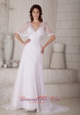 Sheath Lace V Neck Court Train Bridal Dress