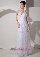 Beaded Halter Ruch Lace Court Wedding Dress