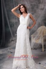 V Neck Lace Wedding Dress Brush Train Sashed