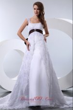 Colored Bow Beaded Chapel Train Straps Wedding Gowns