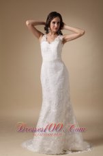 Column V Neck Lace Brush Taffeta Wedding Dress