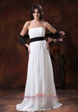 White Chiffon Brush Train Wedding Dress With Black Belt