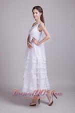 White Empire One Shoulder Vintage Ruffles Wedding Dress
