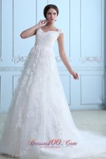 Latest A-line V-neck Wedding Dress Tulle Lace Court Train