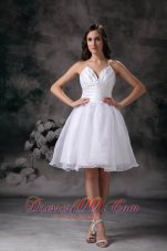 White Classy Halter Short Organza Ruch Staps Wedding Dress