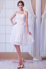 White A-line Halter Knee-length Chiffon Ruch Prom Dress