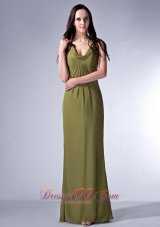 Olive Green V-neck Chiffon Ruch Bridesmaid Dress