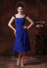 Ruched Navy Blue Ruched Tea-length Bridesmaid Dress