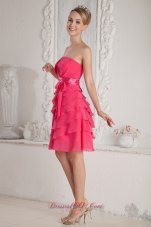 Layered Sash Hot Pink Chiffon Mini-length Prom Dress