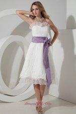 Tea-length Lace Bow Wedding Dress with Waistband