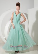 V Neck Beading Apple Green Prom Evening Dresses