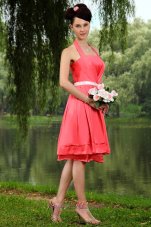 Coral Red Halter Prom Homecoming Dress Sash Knee-length