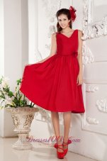 Dark Red Bridesmaid Dress Floral V-neck Knee-length