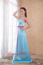 Light Blue Empire Dress for Maid of Honor Pink Sash