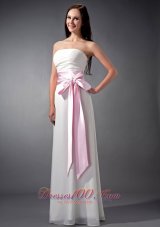 Chiffon White and Baby Pink Sash Bridesmaid Dress Empire