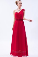 One Shoulder Red Bowknot Ruch Decorate Bridesmaid Dress