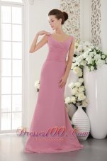 V-neck Brush Train Baby Pink Sheath Ruch Bridesmaid Dress