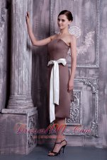 Brown Tea-length Sash Bridesmaid Dress Strapless