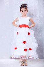 White Flower Girl Dress with Red Flowers and Sash